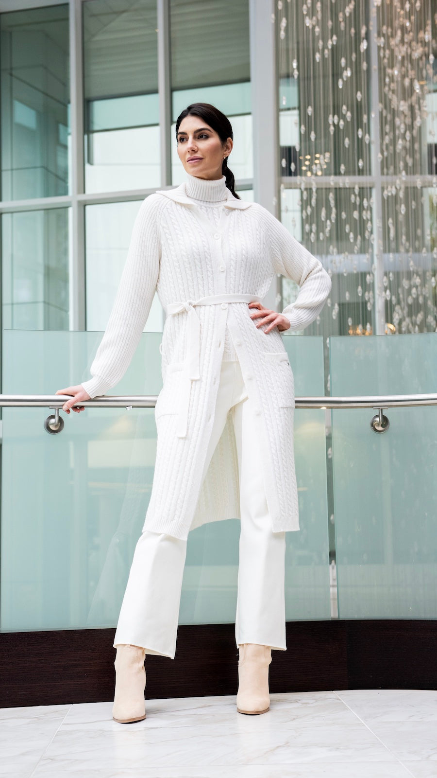 Layla Cable-Knit Belted Coat ; Snow White