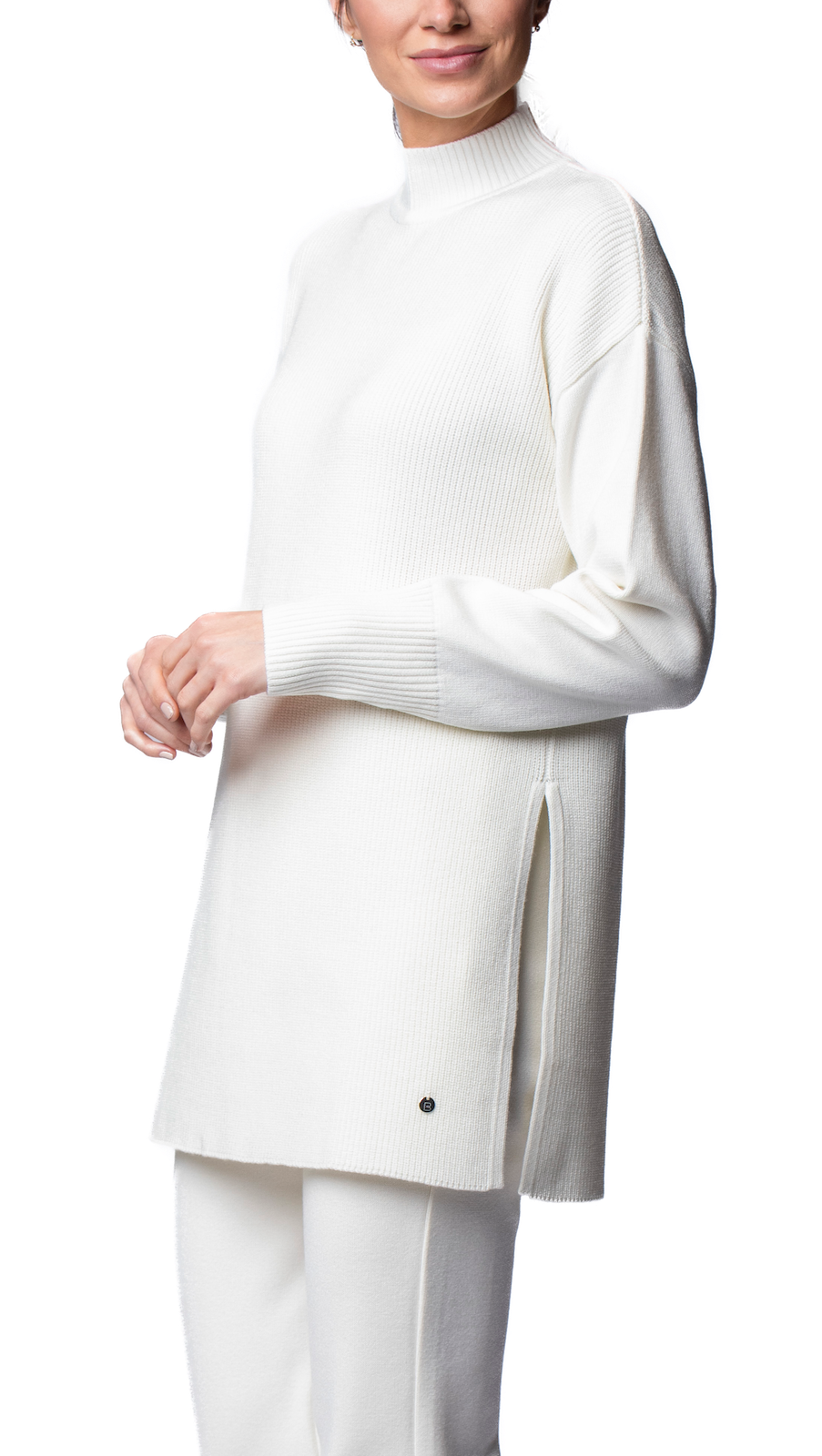 Pearl Long Sleeved Rib-Knit Mock-Neck Top, Winter White