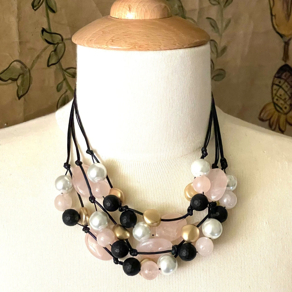 Rose Quartz, White Pearl and Black Onyx Torsade