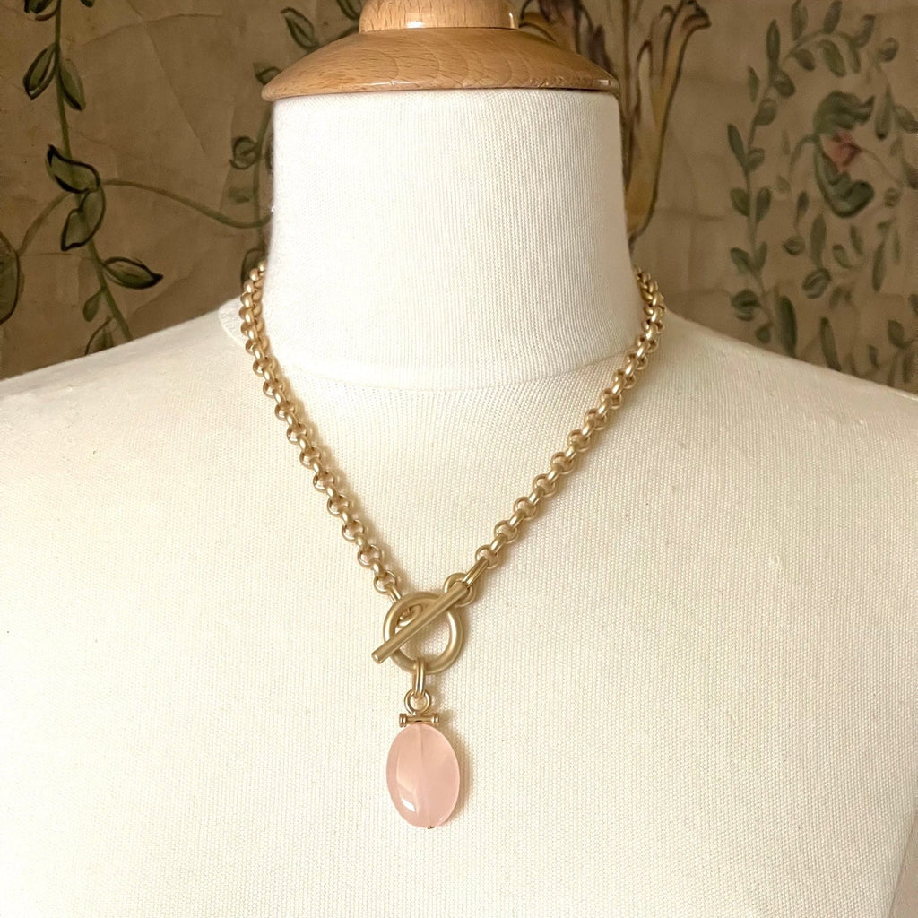 Rose Quartz Bar Pendant Matte Gold Chain Necklace