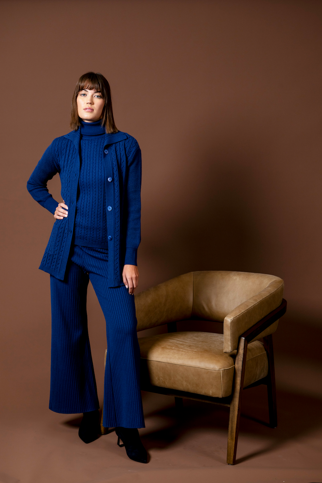 Shirley Mid-Length Cable-Knit Cardigan, Navy