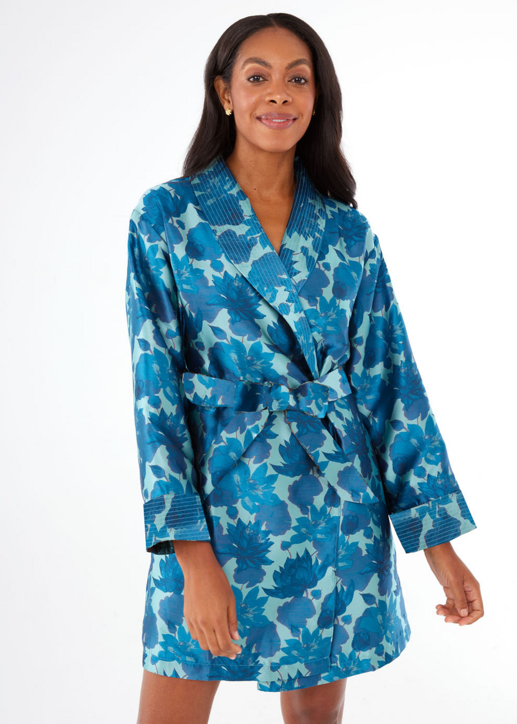 Bridget Robe Short Blue Floral Silhouette Jacquard