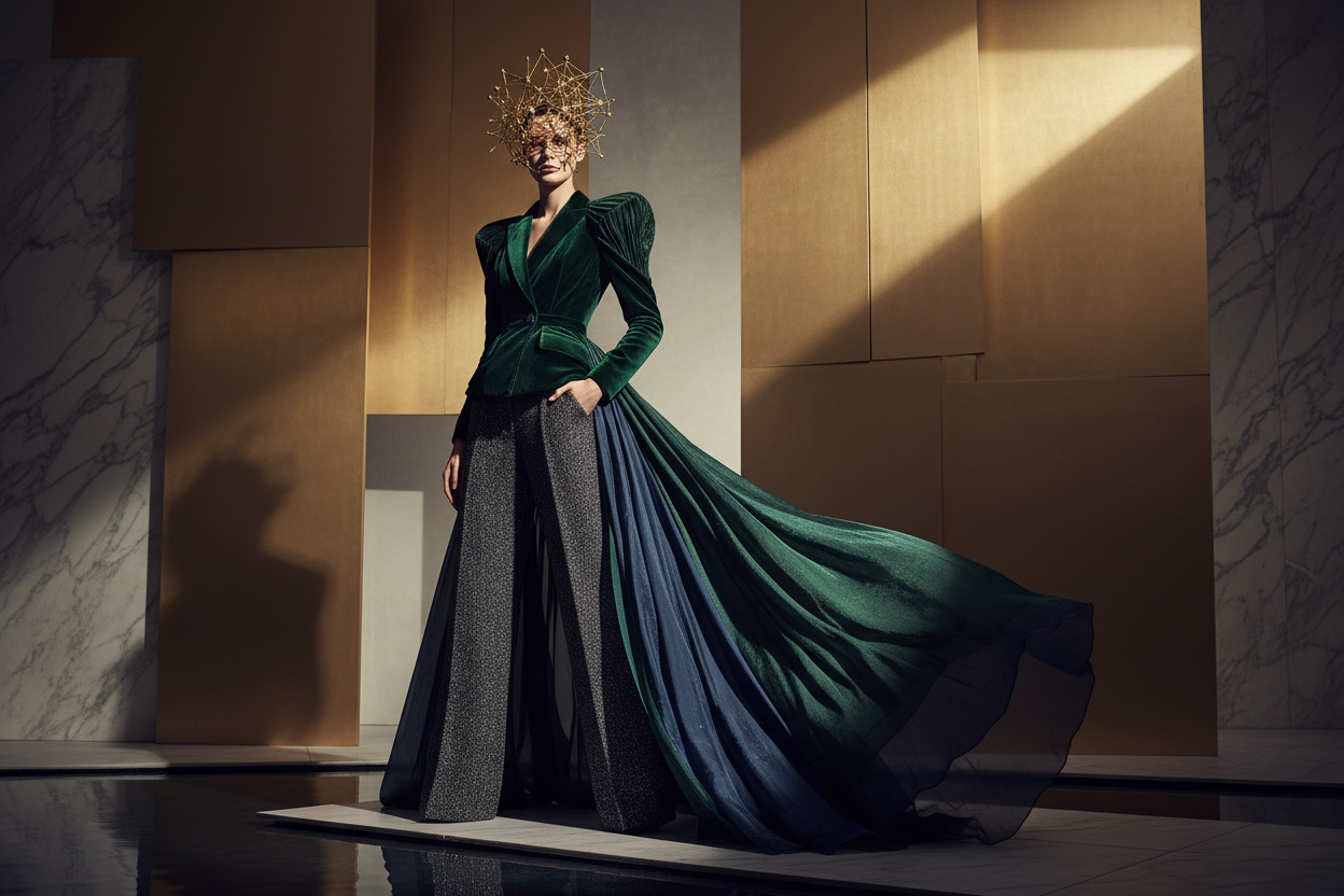 a vogue style fashion banner with an ultra chic model but with no words or lettering just a high fashion setting with a model in a stunning outfit