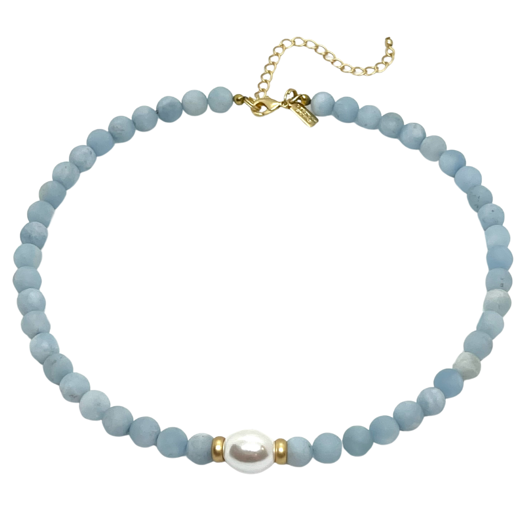 Matte Aquamarine With MOP Pearl Center and Matte Gold Accents Necklace
