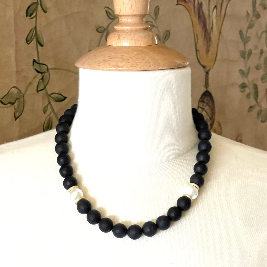 Black Onyx With Pearl Accents Beaded Necklace
