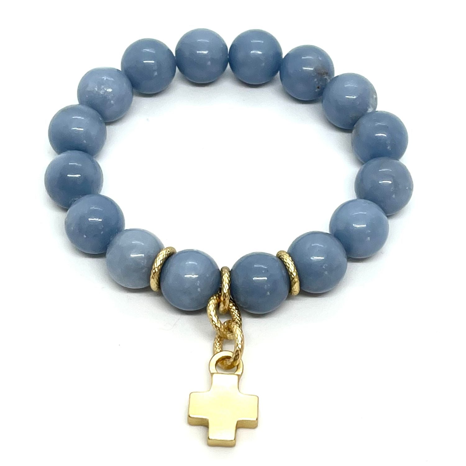 Blue Angelite Stretch Bracelet With Matte Gold Cross