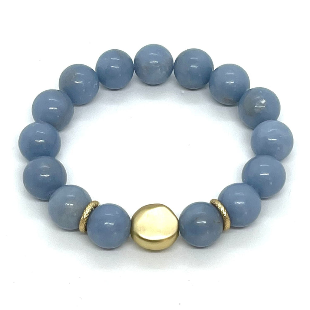 Blue Angelite Bracelet With Matte Gold Nugget Accent