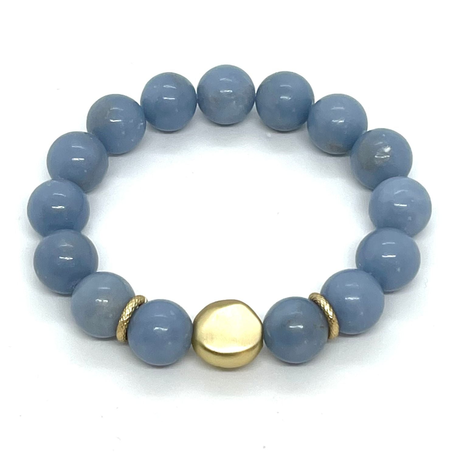 Blue Angelite Bracelet With Matte Gold Nugget Accent