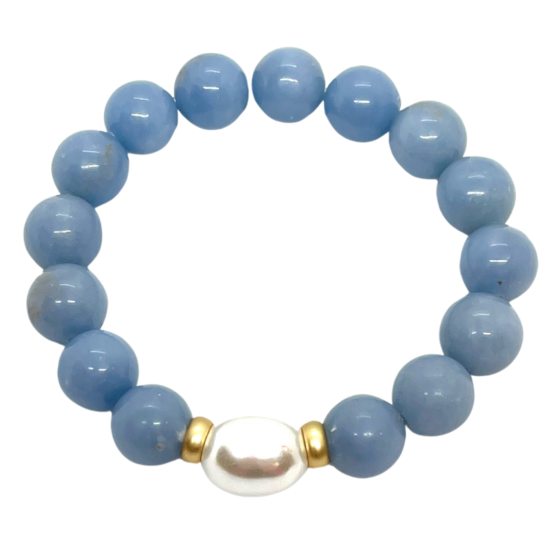 Blue Angelite With MOP Pearl and Matte Gold Accents Stretch Bracelet