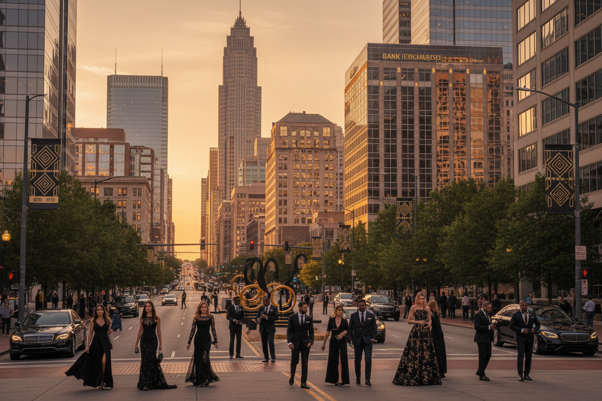 Charlotte North Carolina skyline at golden hour, upscale urban setting, modern city aesthetic with luxury fashion elements, sophisticated black and gold tones, elegant city lifestyle photography, premium event atmosphere