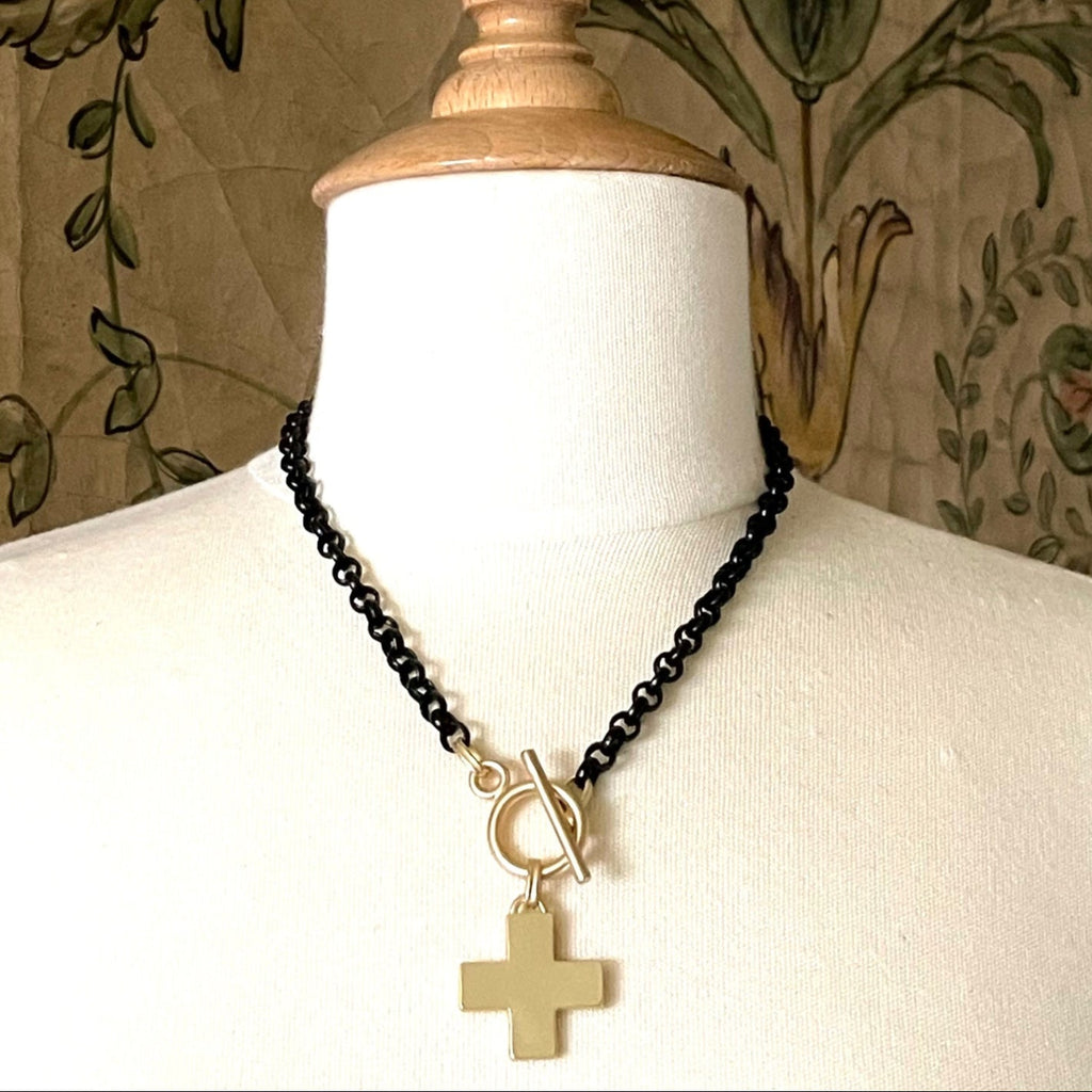 Matte Gold Cross Pendant on Matte Black Chain