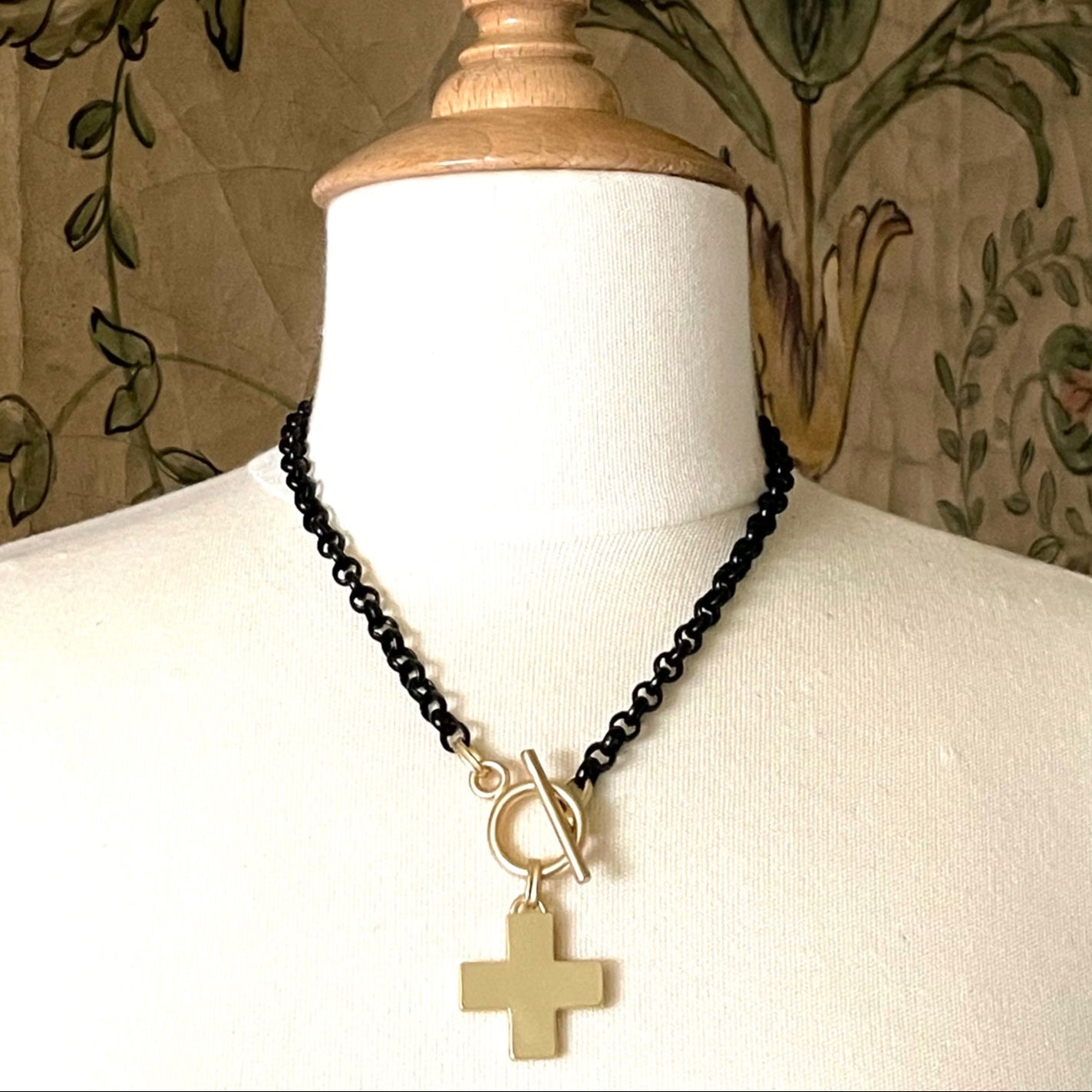 Matte Gold Cross Pendant on Matte Black Chain