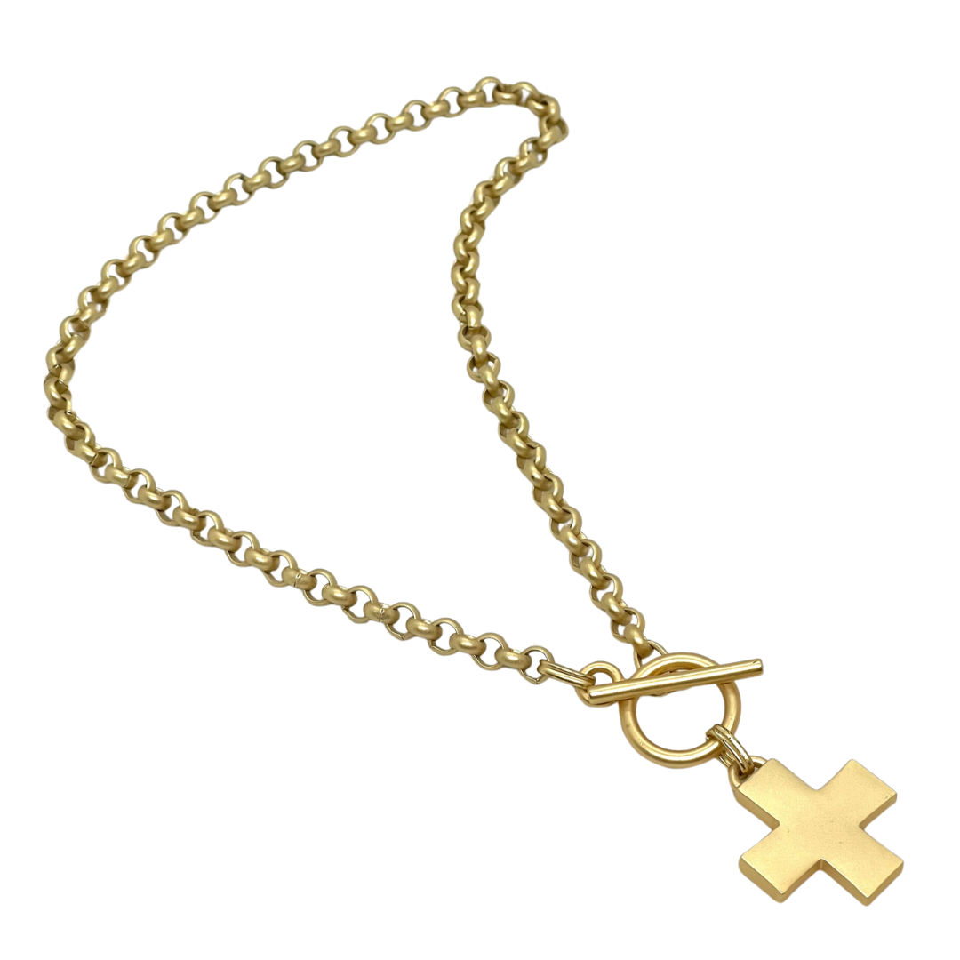 Cross Pendant on Matte Gold Chain Necklace
