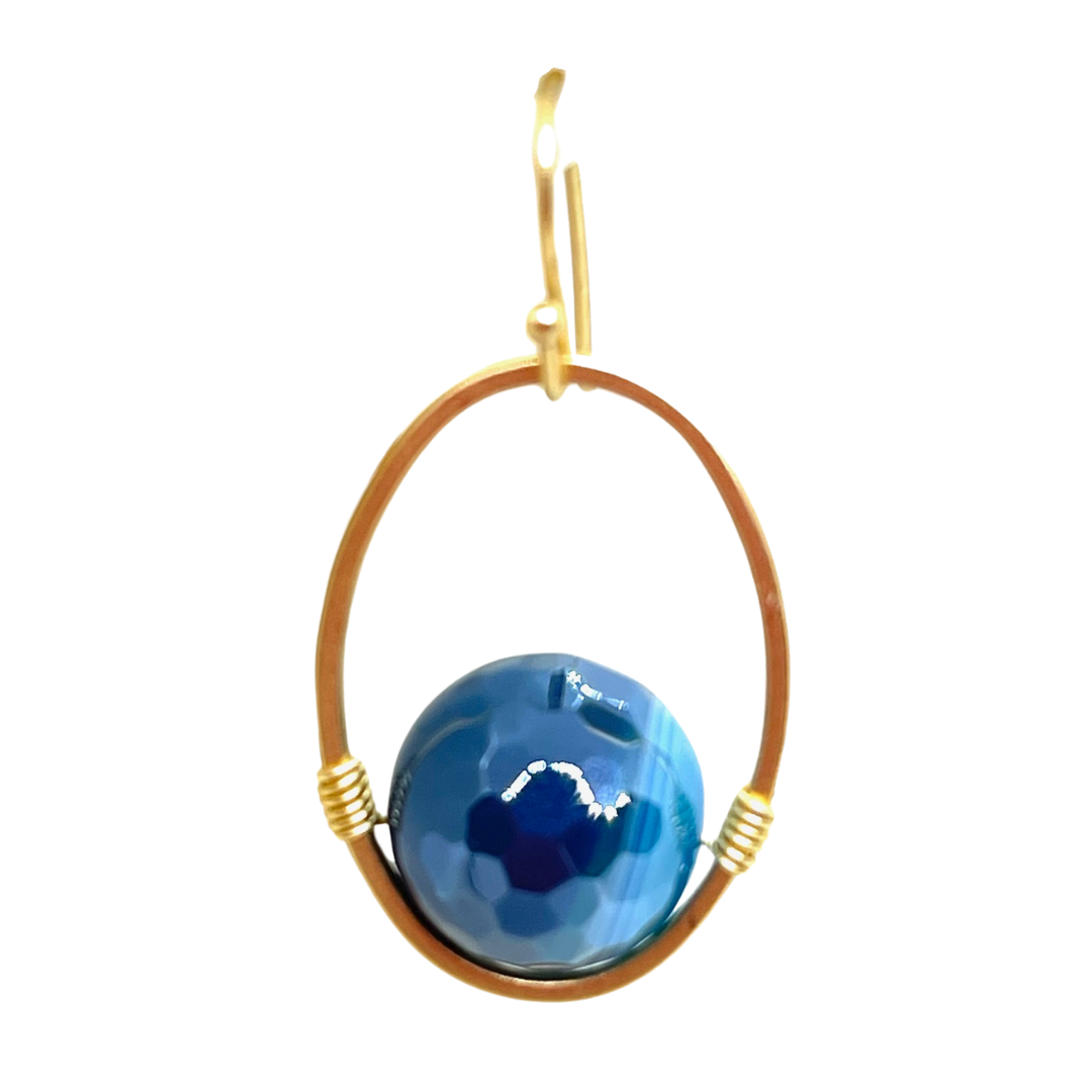 Blue Agate And Matte Gold Wire Wrap Oval Earrings