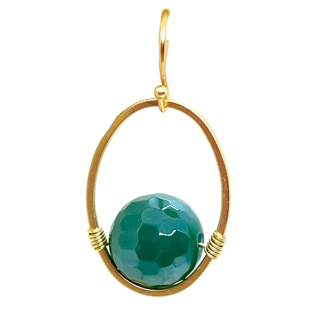 Green Agate And Matte Gold Wire Wrap Oval Earrings