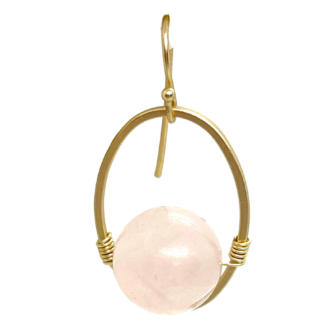 Rose Quartz And Matte Gold Wire Wrap Oval Earrings