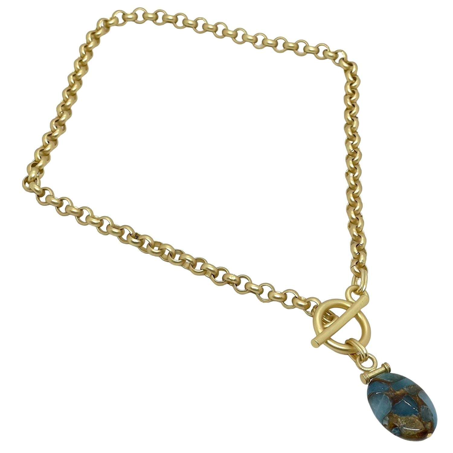 Matte Gold Rolo Chain Necklace with Teal Quartz Pendant