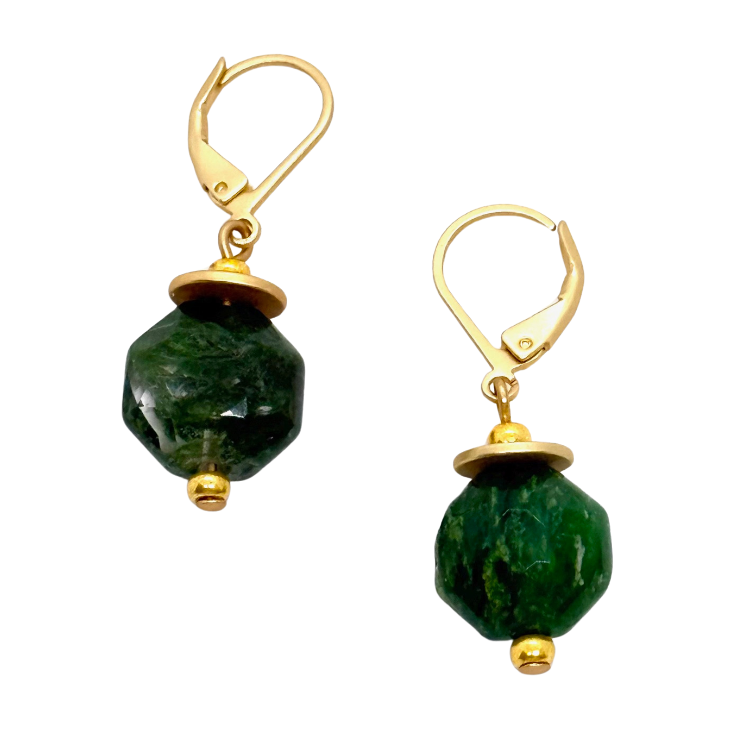 Green Moss Agate Octagon Matte Gold Leverback Earrings