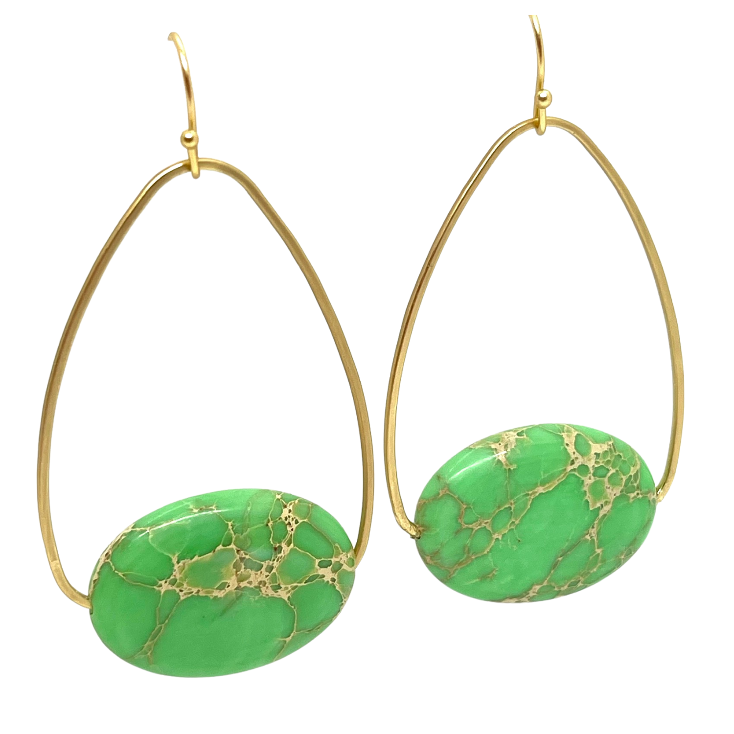 Green Aqua Terra Inset Matte Gold Oval Hoop Earrings