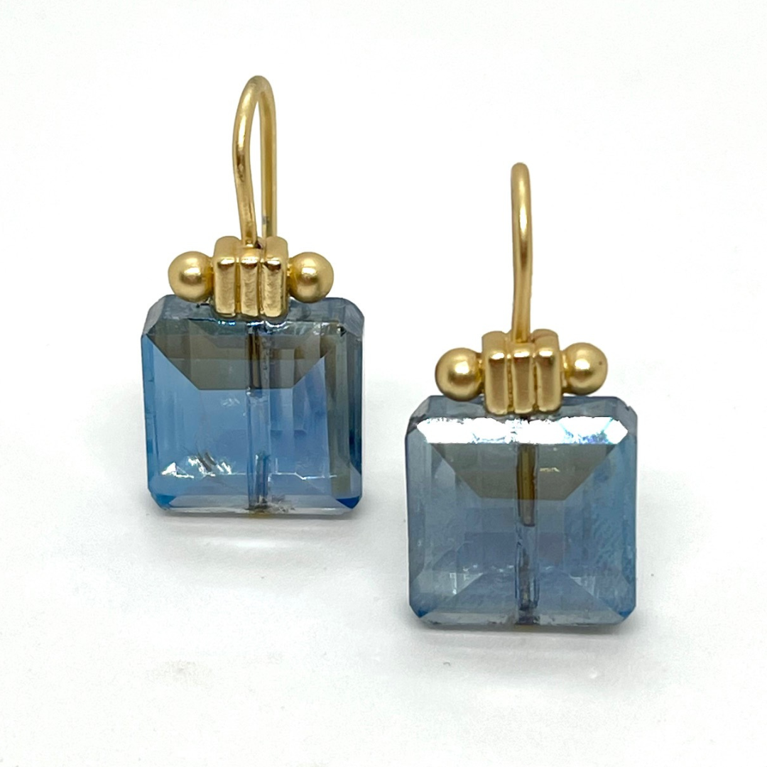 Square Blue Crystal Matte Gold Column Earrings