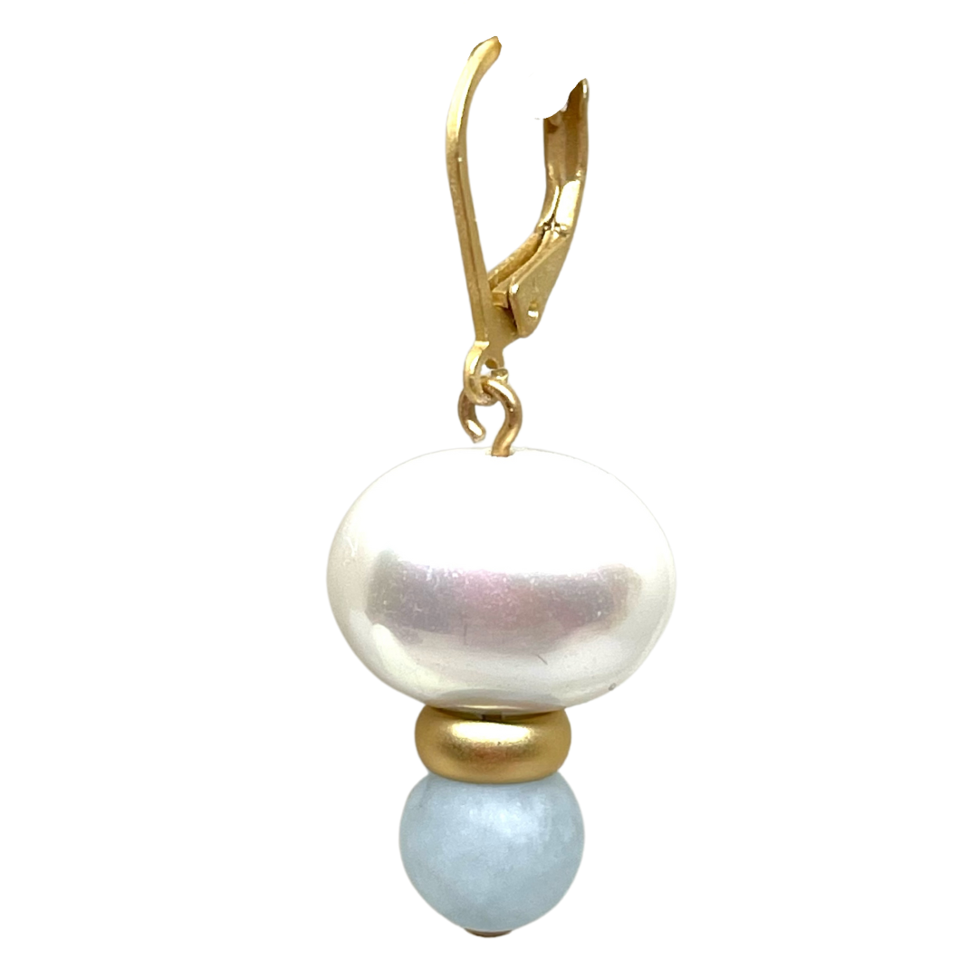 Mother of Pearl And Matte Aquamarine With Gold Ring Stack Earrings