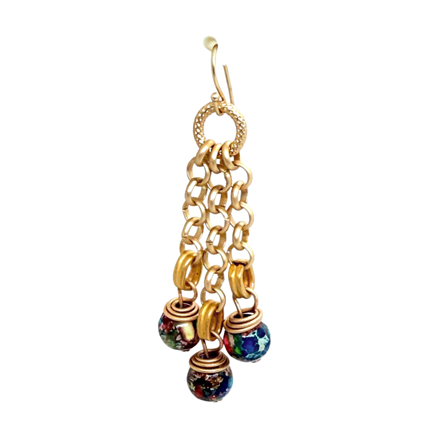 Multi Jasper Three Strand Matte Gold Rolo Chain Earrings
