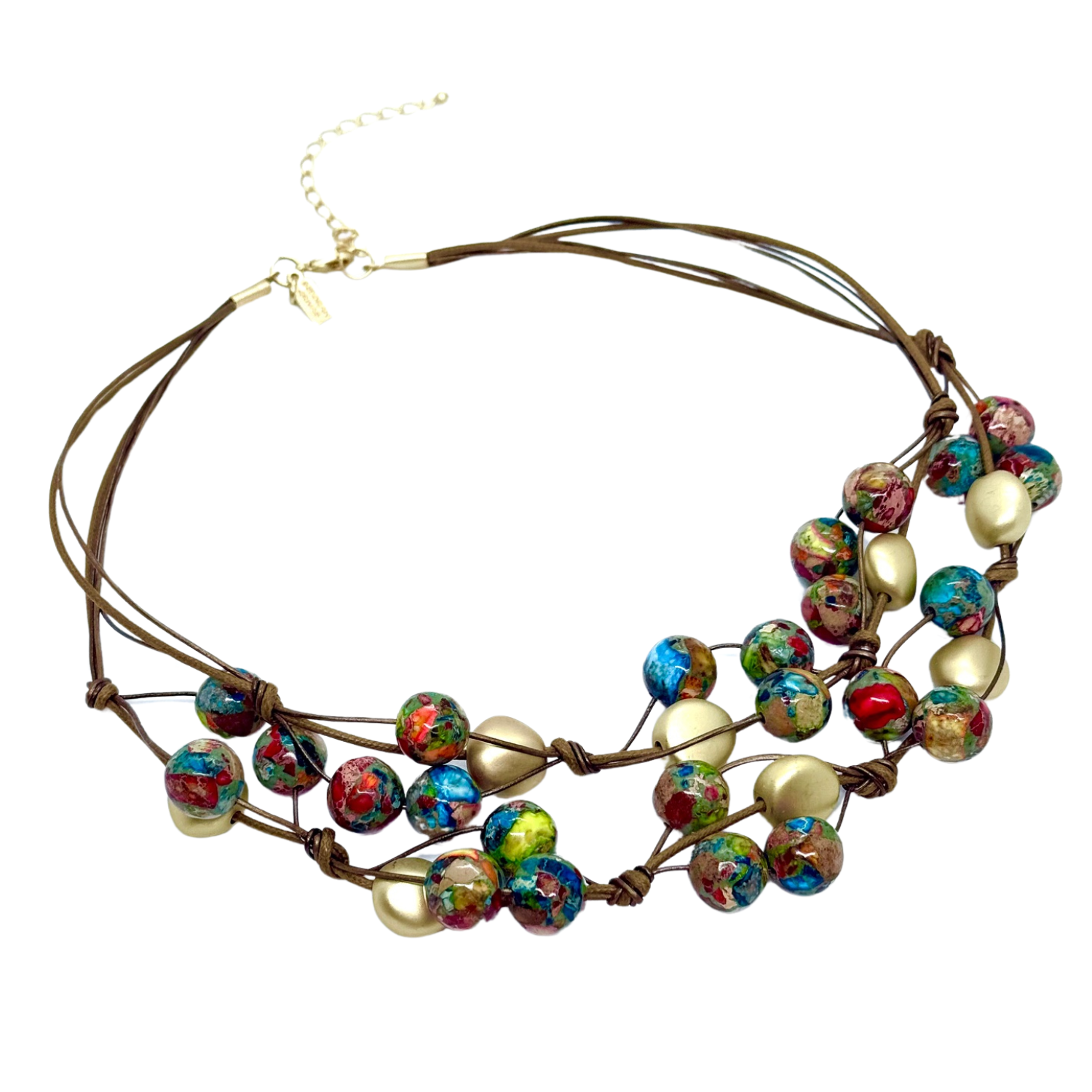 Multi Jasper Two Strand Woven Necklace On Bronze Linen and Leather