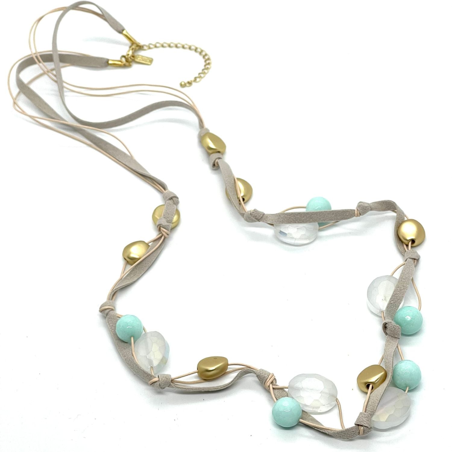 Aqua Jade And Matte White Crystal Long Necklace