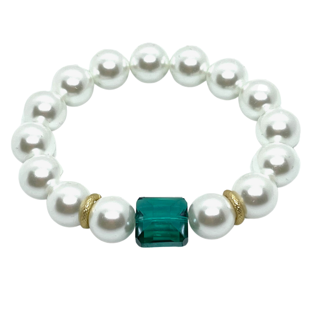 Glass Pearl With Green Square Crystal Stretch Bracelet
