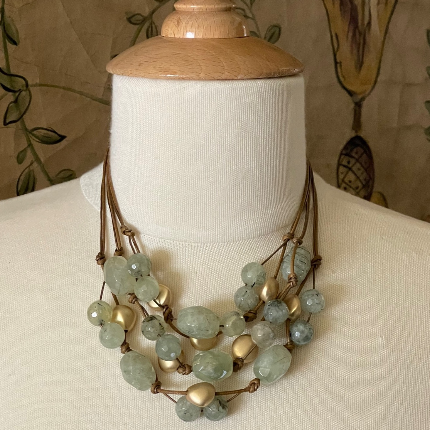 Prehnite and Matte Gold Bead Bronze Linen Torsade Necklace