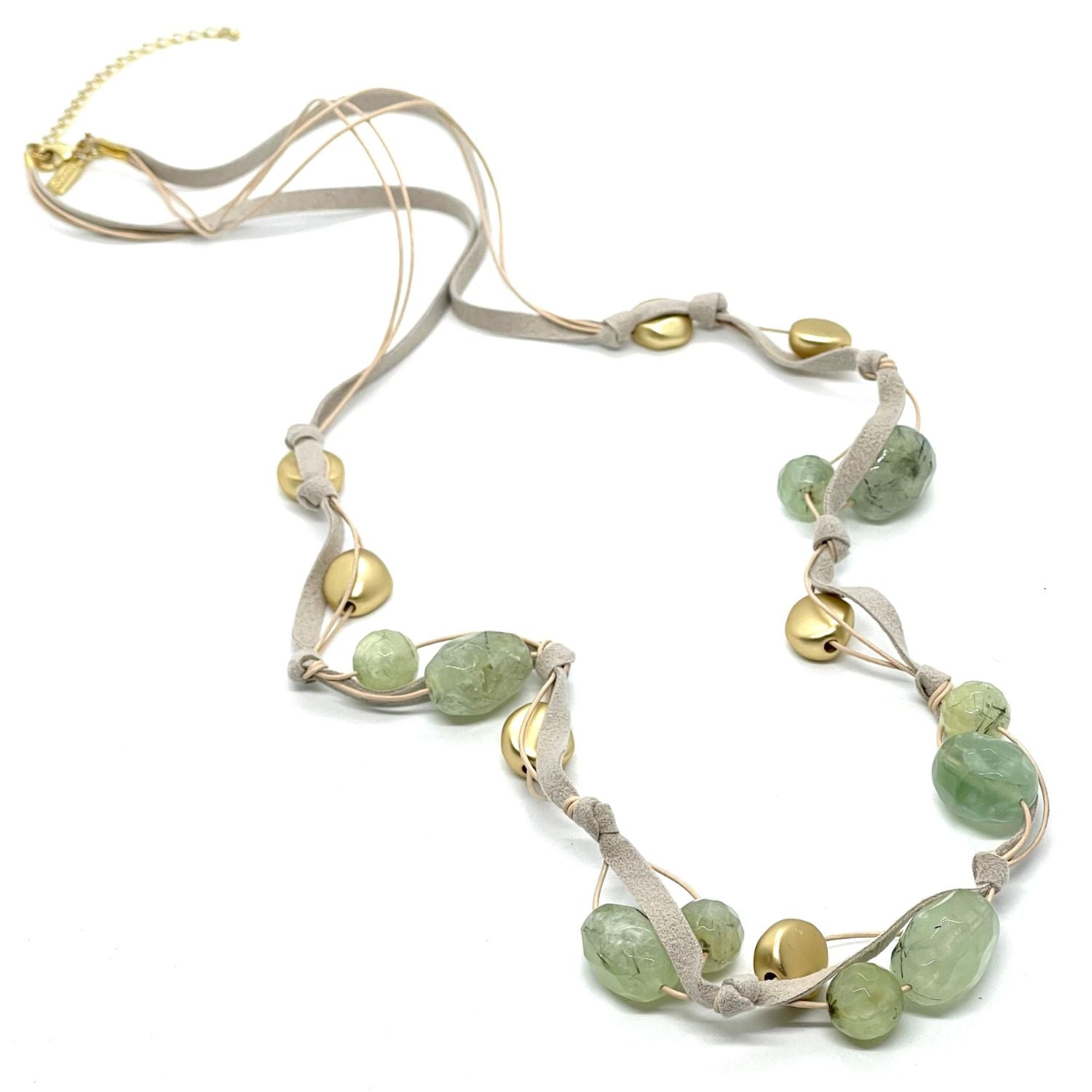 Prehnite and Matte Gold Long  Natural Suede Necklace