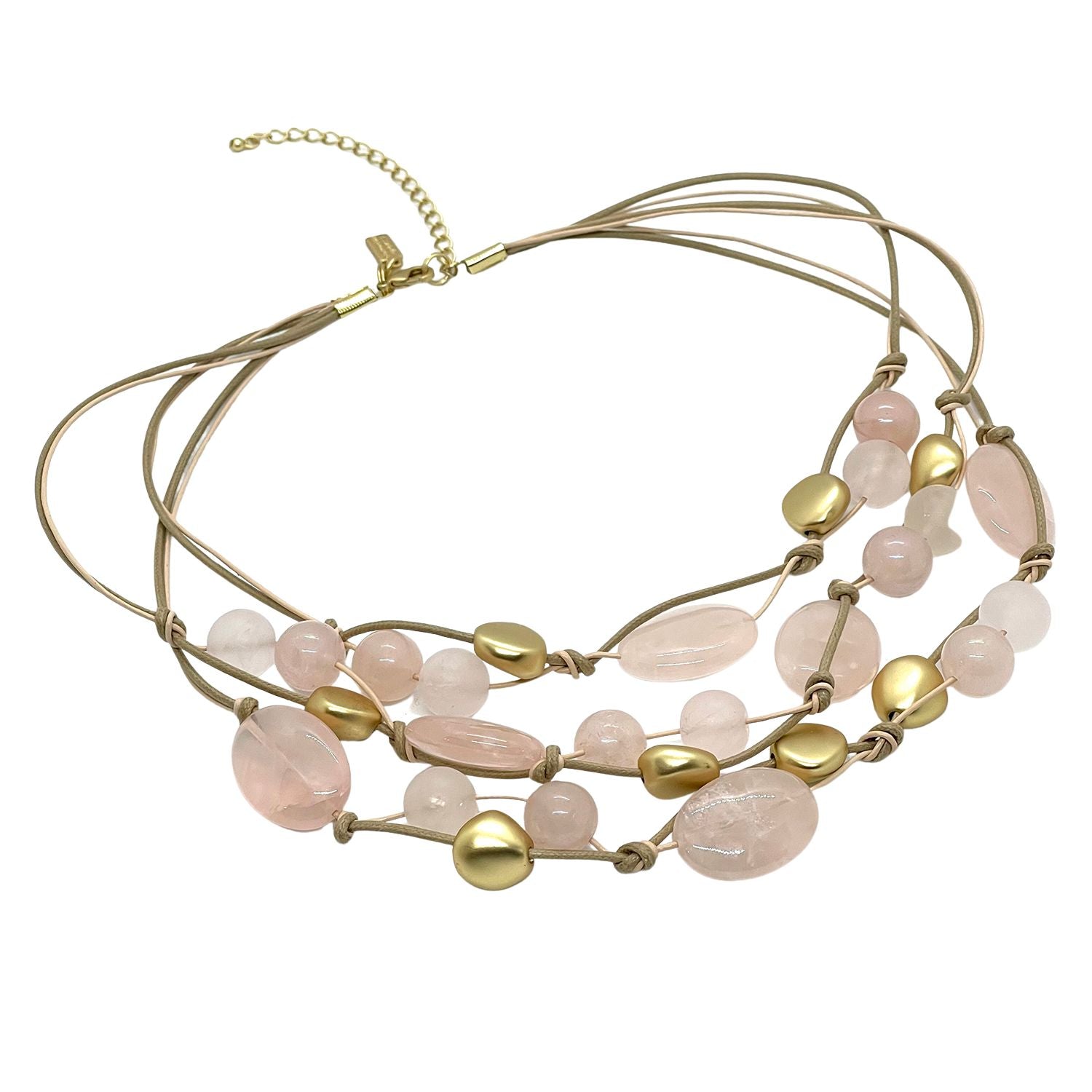 Rose Quartz And Gold Bead Torsade Necklace hi