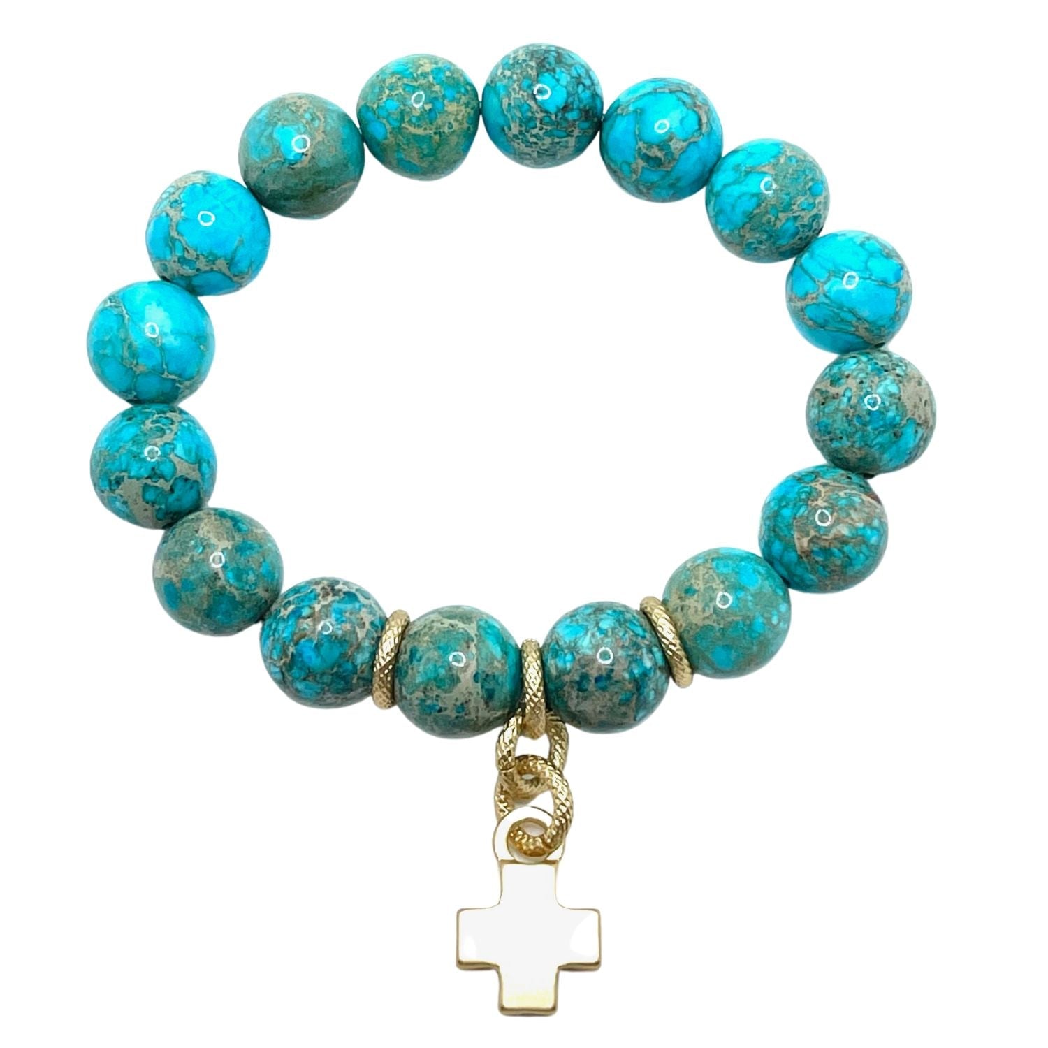 Turquoise Aqua Terra Jasper Matte Gold Cross Stretch Bracelet