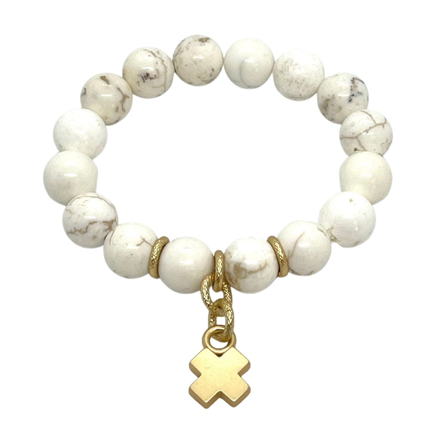 White Magnesite Stretch Bracelet With Matte Gold X